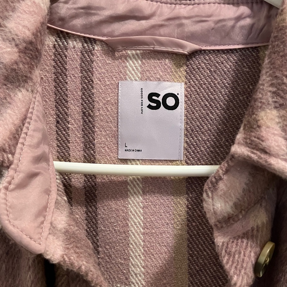 SO Plaid Shacket Jacket Women Pink Mauve Cream Longline Button Front L Oversized - Picture 2 of 4